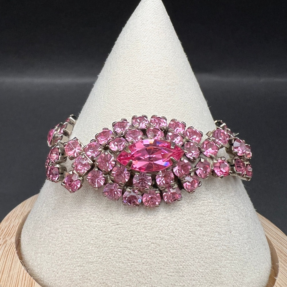 Vintage Rhinestone Bracelet Silver Tone Pink Cluster MCM Retro Glam READ